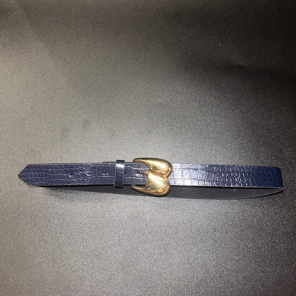 Navy Blue Faux Leather Textured Gold-Tone Hardware Belt Women's 30"